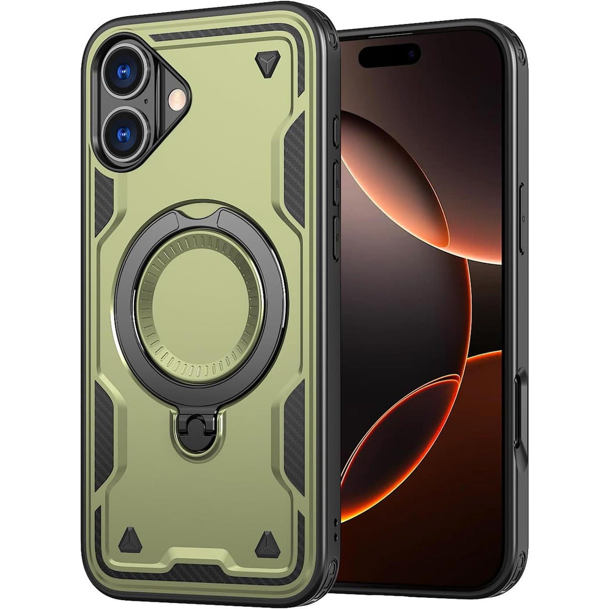 Green magnetic armor case with ring stand for iPhone 16 and 16 Plus