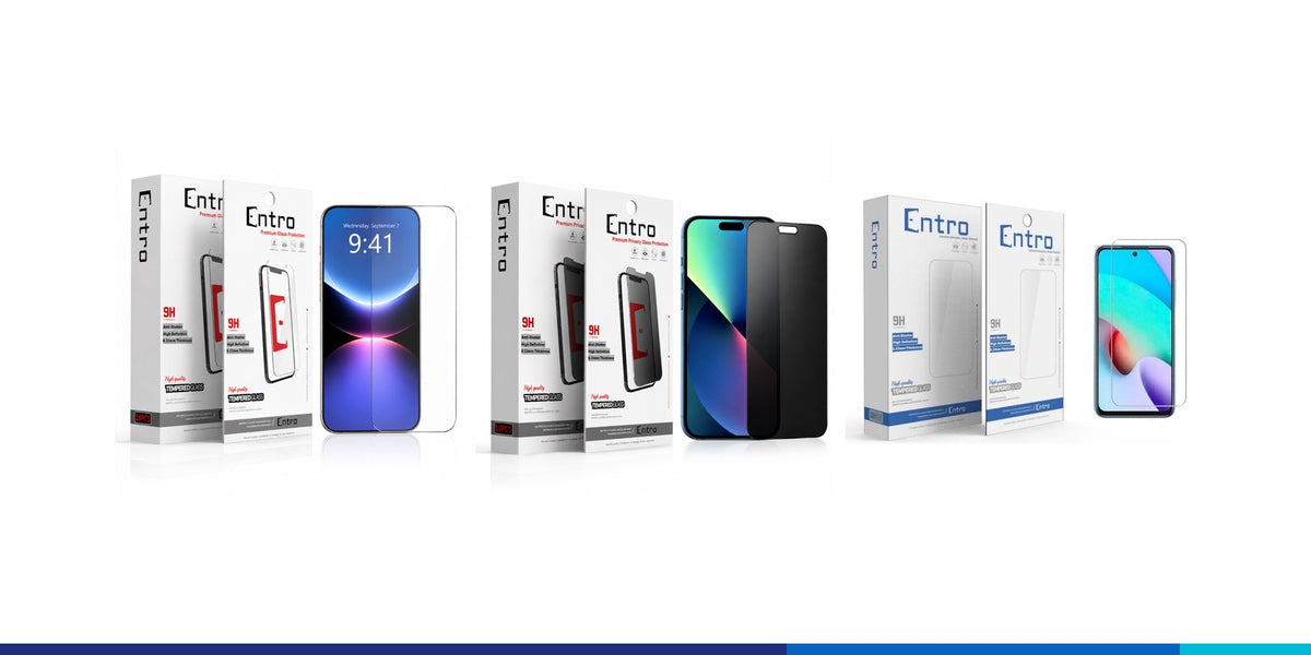 Entro tempered glass and privacy glass screen protector packs for iPhone and Samsung Galaxy A Series