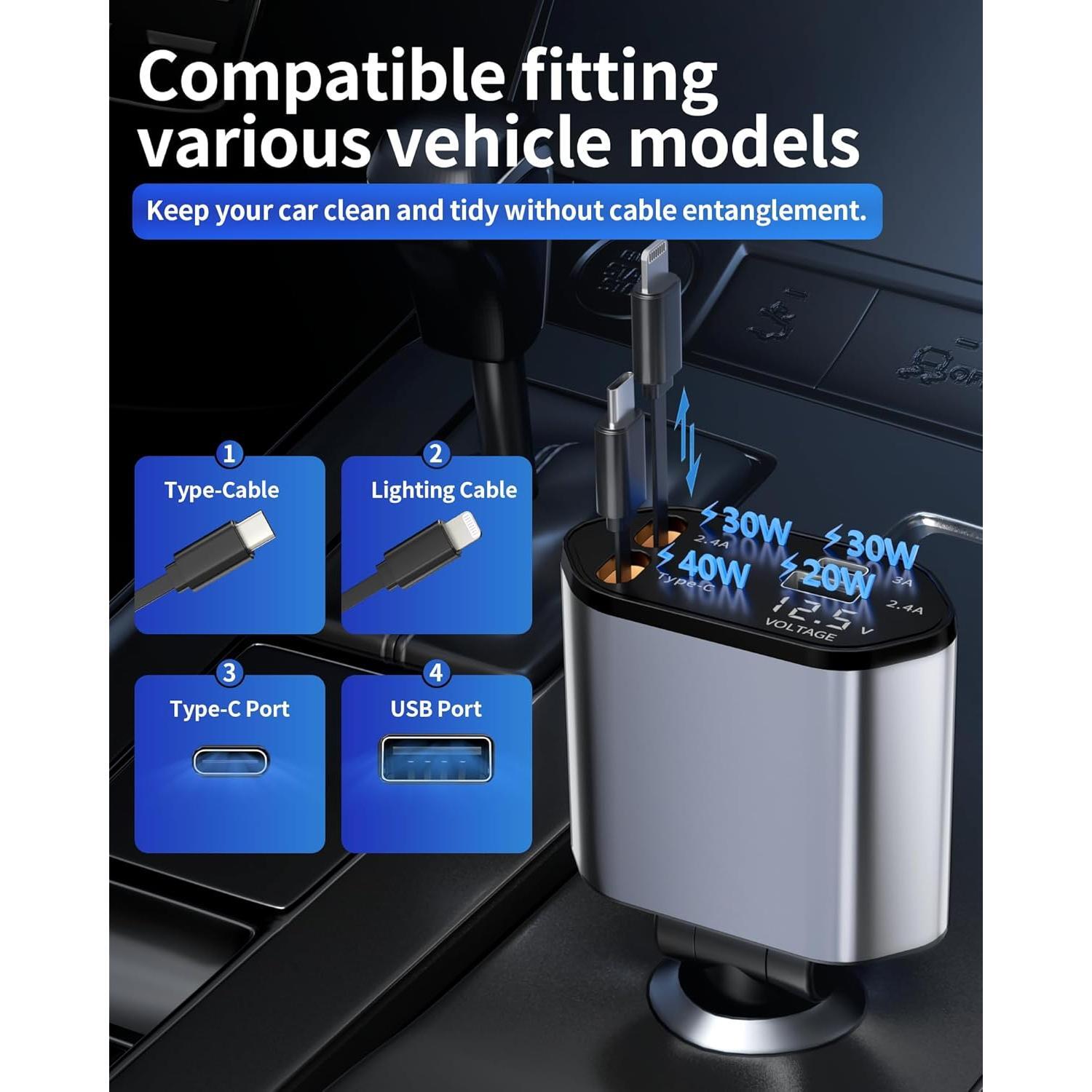 Retractable Car Charger 4 in 1 Adapter