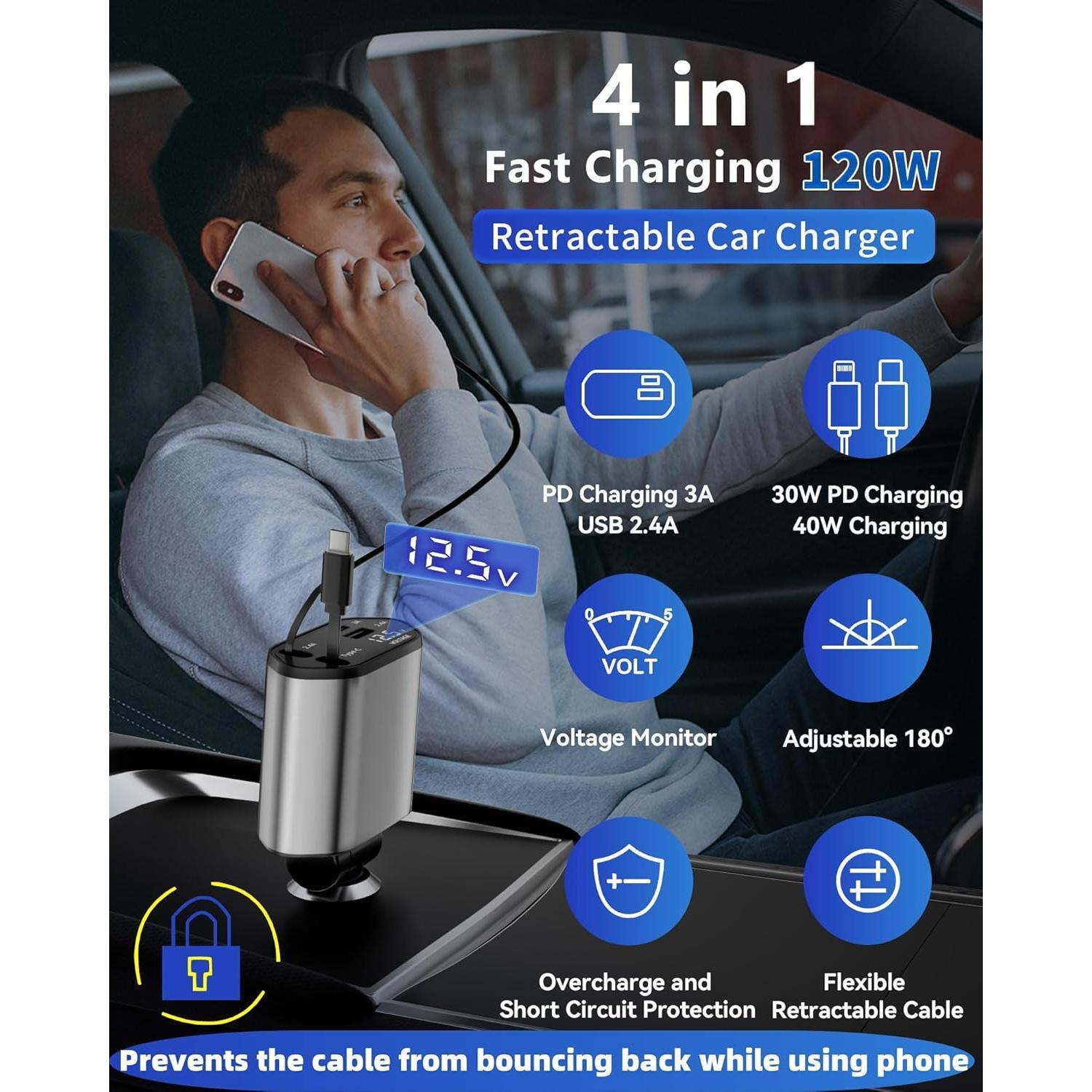 Retractable Car Charger 4 in 1 Adapter